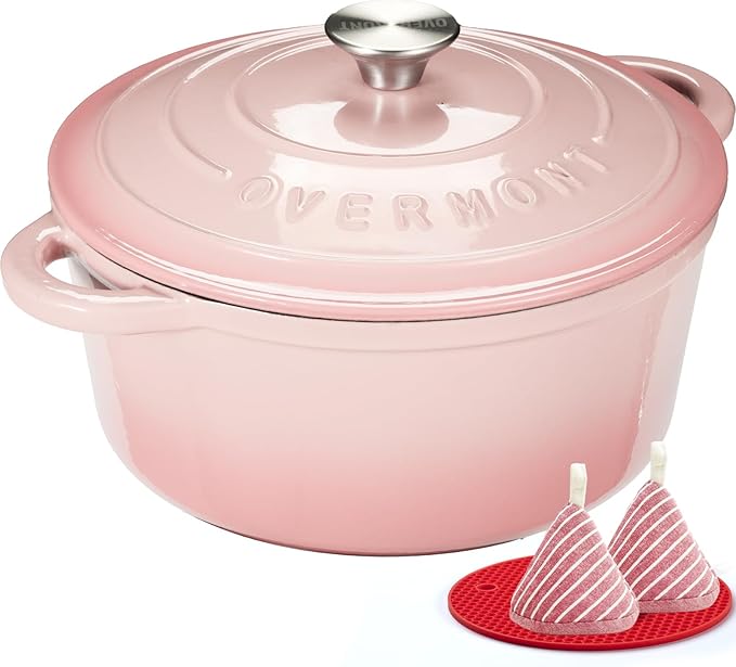 Overmont Enameled Cast Iron Dutch Oven - 7QT Pot with Lid Cookbook & Cotton Potholders - Heavy-Duty Cookware for Braising, Stews, Roasting, Sourdough Baking pink