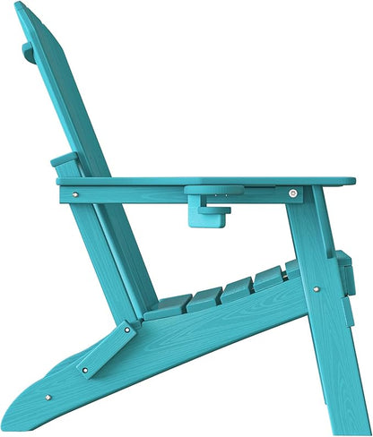 Plawdlik Folding Adirondack Chair, SGS Tested, Wooden Textured with Cup Holder, Heavy All-Weather HDPE Comfortable Set Poolside Backyard Lawn Aruba Blue Set 4