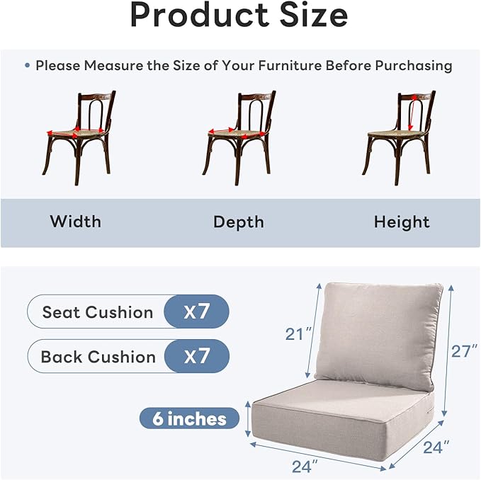 6" Thicker Outdoor Chair Cushion 7 Sets - 24" *24" *6" Waterproof Patio Furniture Cushions with Removable Cover, 28D High Density Sponge Filling Thicken Outdoor Patio Cushions - Beige
