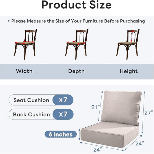 6" Thicker Outdoor Chair Cushion 7 Sets - 24" *24" *6" Waterproof Patio Furniture Cushions with Removable Cover, 28D High Density Sponge Filling Thicken Outdoor Patio Cushions - Beige