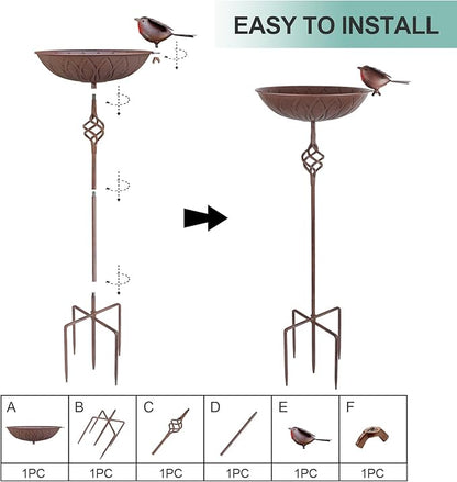 Metal Bird Bath for Outside,Hand-Painted Outdoor Birds Baths Water Bowl with Stake for Garden Patio Yard Lawn Decor, 27.6" H Bird Feeder with 5 Prongs Base,Vintage Freestanding Birdbaths & Birdfeeder