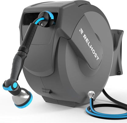 Relhost Retractable Garden Hose Reel, 1/2 in x 100 ft Wall Mount Heavy Duty Hose Reel with Any-Length Lock, Auto Rewind System, 180° Swivel Bracket, and 10-Pattern Nozzle for Garden, Dark Grey