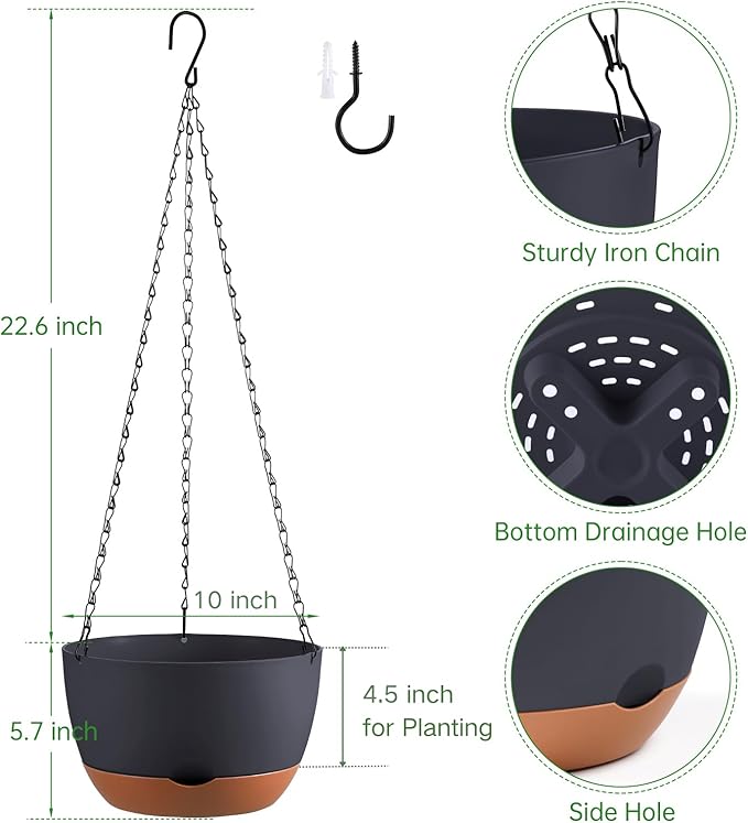 Set of 2 Hanging Planters for Indoor Outdoor Plants, 10 Inch Self-Watering Hanging Flower Pots with Drainage Hole & Removable Water-Storage Tray (Hooks)