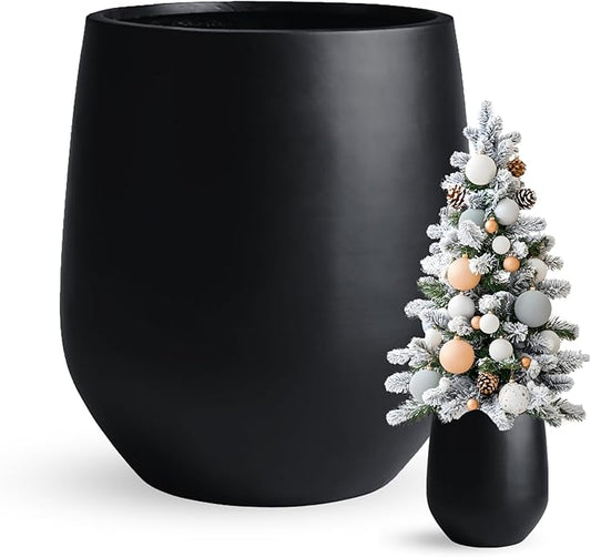 12.5"H x 11.4"D Corso Fiberstone Round Tapered Planter, Christmas Tree Planter, Smooth Finishes, Weather Resistant for Indoor & Outdoor Use, Included 2 Extra Coco Mats (Black,9" Pot Opening)