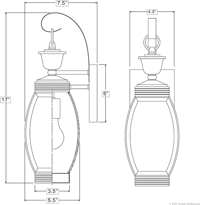 Urban Ambiance Luxury Colonial Outdoor Wall Light, Medium Size: 17" H x 5.5" W, with Transitional Style Elements, Bowed Design, Gorgeous Dark Medieval Bronze Finish and Beveled Glass, UQL1170