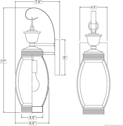 Urban Ambiance Luxury Colonial Outdoor Wall Light, Medium Size: 17" H x 5.5" W, with Transitional Style Elements, Bowed Design, Gorgeous Dark Medieval Bronze Finish and Beveled Glass, UQL1170