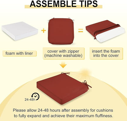 downluxe Waterproof Outdoor Chair Cushions Set of 2, 19" x 19" x 3" Patio Chair Cushion with Non-Slip Ties & Handle, Square Outdoor Cushion for Patio Furniture with Removable Cover, Orange