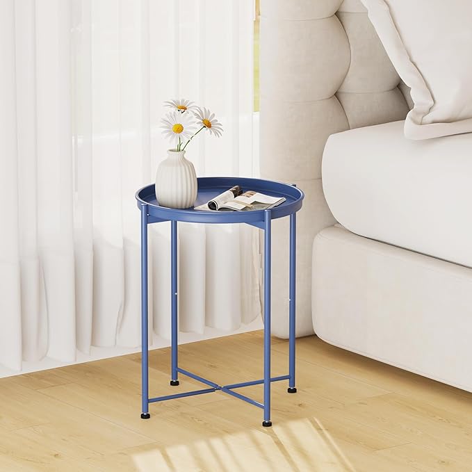 Garden 4 you Small Side Table, Blue Mini Round End Table, Tray Table with Metal Frame, Modern Nightstand for Living Room, Bedroom, Patio, Small Space, 1pcs