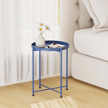Garden 4 you Small Side Table, Blue Mini Round End Table, Tray Table with Metal Frame, Modern Nightstand for Living Room, Bedroom, Patio, Small Space, 1pcs