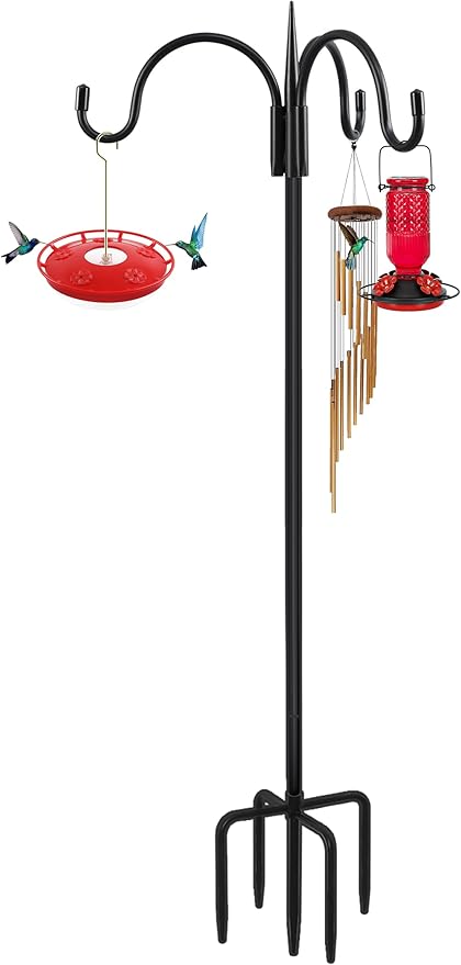 FEED GARDEN Heavy Duty Shepherds Hook 76" Triple Hooks - Metal 5-Prong Base, Adjustable (44/60/76") - 17lb Capacity Bird Feeder Pole for Hanging Plants, Solar Lanterns, Wind Chimes, 1 Pack