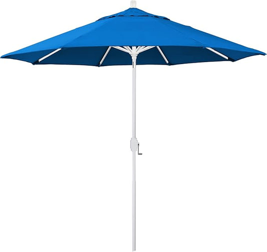 California Umbrella 5-Year-Non-Fading, 9Ft Premium Patio Umbrella, Hand-Crank, Button-Tilt, White Frame, Solution Dyed Royal Blue Fabric