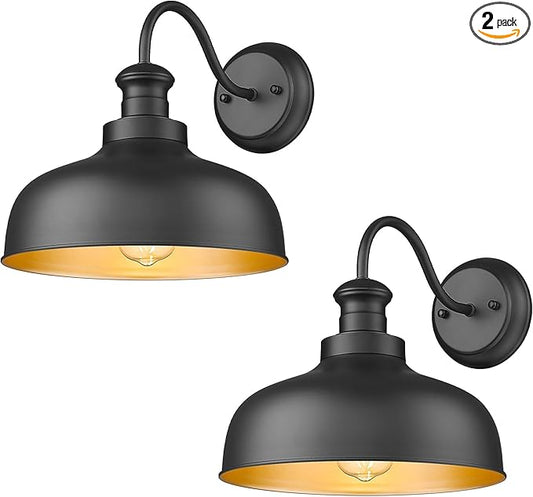 Outdoor Farmhouse Barn Light, Outside Wall Sconce, Weather Resistant Anti-Rust Farmhouse Exterior Wall Mount Light, Outdoor Lantern Lamp for Porch, Garage, Patio, Entryway (Black, 2 Pack)