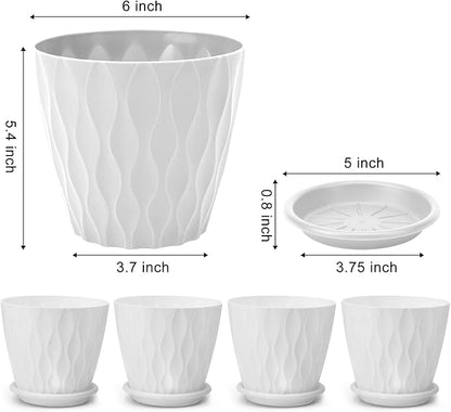 YNNICO 6 inch Plant Pots, 5 Pack Flower Pots Outdoor Indoor, Planters with Drainage Hole and Tray Saucer（White