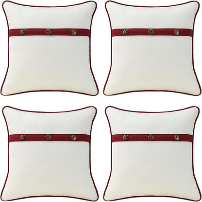 Outdoor Sunbrella Decorative Pillows with Triple Coconut Buttons Pack of 4, 16" x 16" Outdoor Pillow Set for Couch Bed Throw Patio Sofa, Spectrum Eggshell/Spectrum Ruby