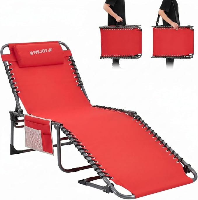 #WEJOY Outdoor Chaise Lounge Chairs, Portable Lounge Chairs for Outside, Adjustable Lightweight Beach Lounge Chair for for Adults, Patio, Pool, Lawn, Camping Tanning Chairs with Pillow, Red