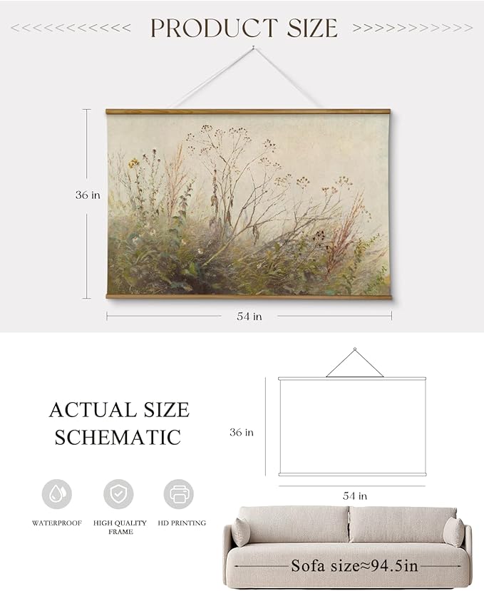 ARPEOTCY Extra Large Vintage Framed Wall Art, 36x54 Inch Farmhouse Retro Wildflower Field Botanical Landscape Hanging Wall Art, Rustic Canvas Home Decor Aesthetic for Living Room Bedroom Office