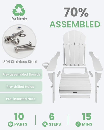 Ciokea Folding Adirondack Chair 4 Pack, Patio Adirondack Chair Weather Resistant, Plastic Fire Pit Chair with Cup Holder, Lawn Chair for Outdoor Porch Garden Backyard Deck (White)