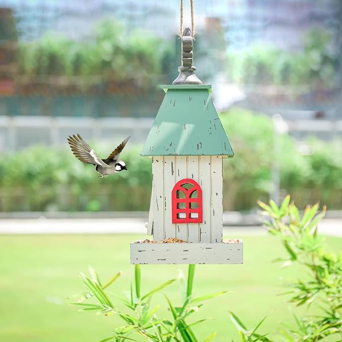 Yinns Village Wooden Cottage Bird House Feeder, Hanging Birdfeeder with Landing Trays,Wood Wild Bird House Feeder Garden Decor
