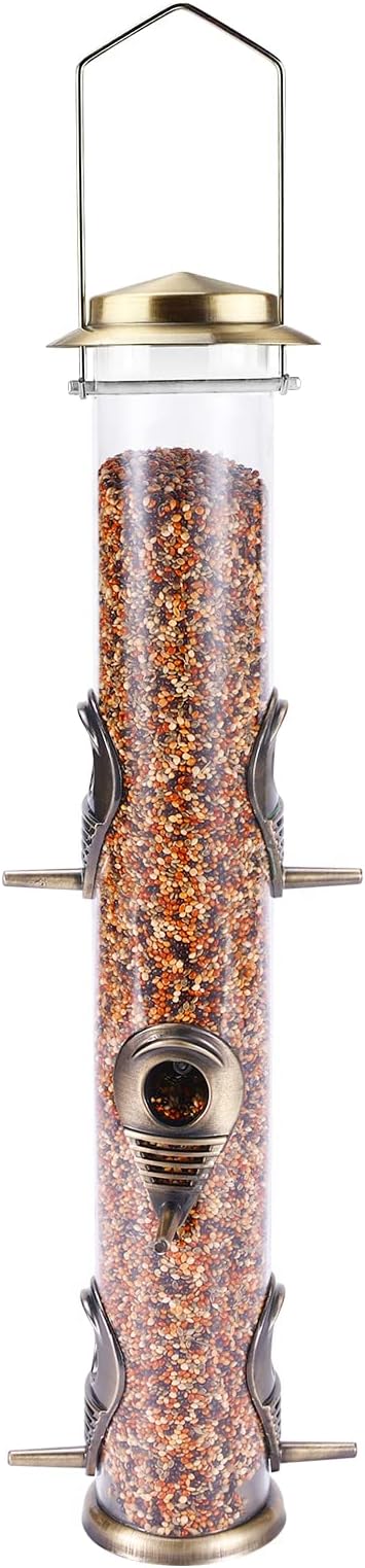 MIXXIDEA 1PK Metal Wild Bird Feeder,Squirrel Proof Bird Feeders for Outside,Hanging 6 Port Tube Bird Feeder Transparent Finch Bird Feeder for Attracting Birds in Your Lawn, Garden, Balcony-Bronze