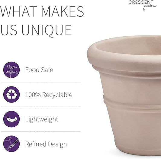 Crescent Garden Brunello Classic Rolled Rim Planter Pot, Indoor/Outdoor Weather-Safe Round Plant Pot, Premium Plastic Flowerpot for Houseplants, Herbs - 16''W (Rust)