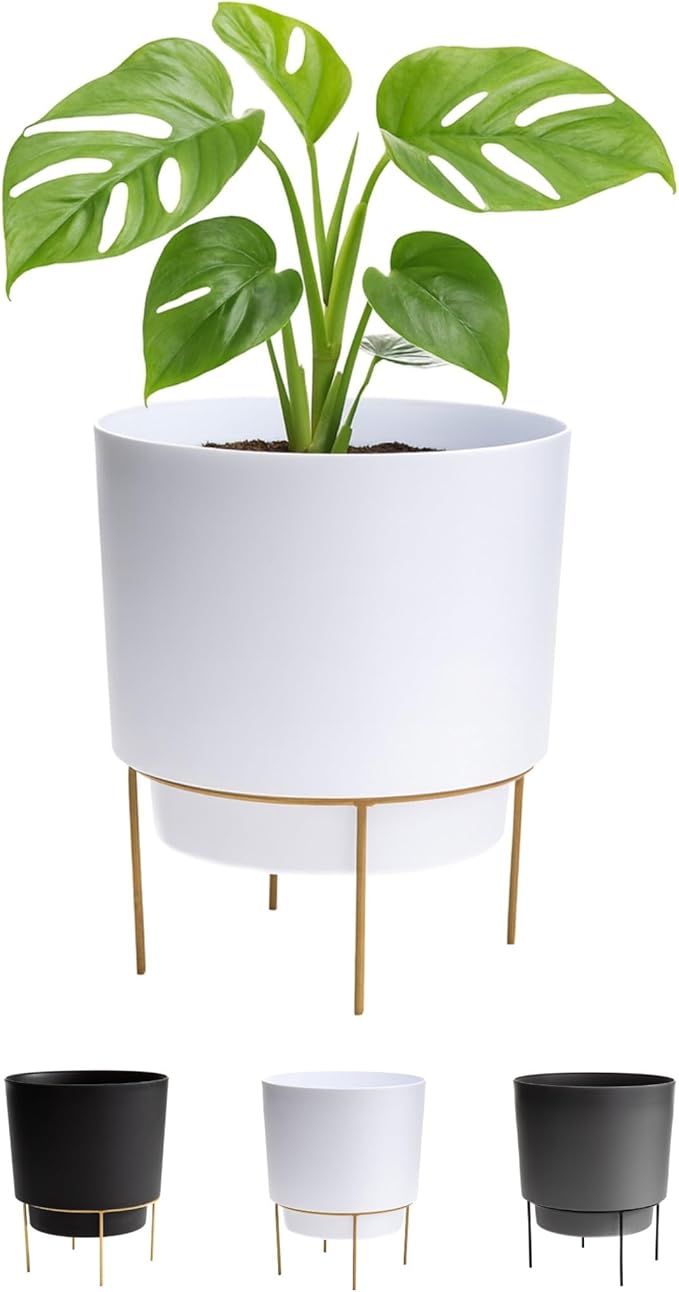 Bloem Hopson Decorative Resin Cachepot with Metal Stand, 6" Indoor and Outdoor Planter with Gold Metal Stand, White
