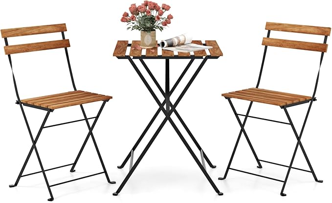 Giantex 3-Piece Acacia Wood Bistro Set, Patio Bistro Table with 2 Folding Chairs, Slatted Seat & Tabletop, Metal Frame, Outdoor Furniture Set for Backyard, Porch, Garden, Poolside (Black + Brown)