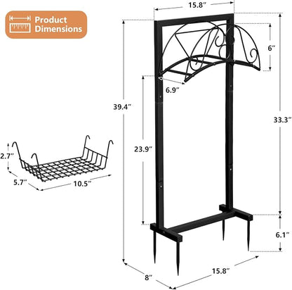 Skypatio Garden Hose Holder with Basket, Metal Water Hose Holder Holds 150ft Hose, Freestanding Hose Storage Stand with 4 Stakes, Rust-Resistant Heavy Duty Hose Hanger for Outside