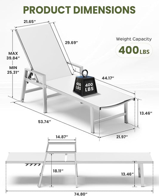 Patio Chaise Lounge Chair Outdoor Set of 2 with Wheels&Armrests, Aluminum Pool Lounge Chairs Five-Position Adjustable Recliner, Outdoor Beach Lounge Chairs for Poolside, Patio, Deck, Yard, White
