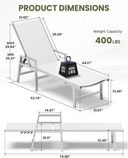 Patio Chaise Lounge Chair Outdoor with Wheels&Armrests, Aluminum Pool Lounge Chairs Five-Position Adjustable Recliner with Side Table, Outdoor Beach Lounge Chairs for Poolside, Deck, Garden, White