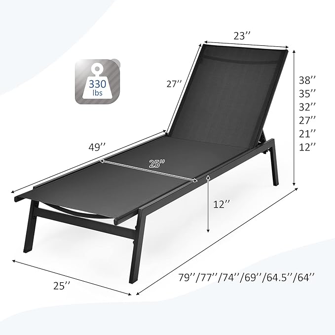 Tangkula 2 Pieces Outdoor Chaise Lounge Chair, 6-Position Adjustable Reclining Chair with Breathable Fabric and Heavy Duty Steel Frame, Patio Lounge Chair for Garden, Backyard and Poolside (2, Black)
