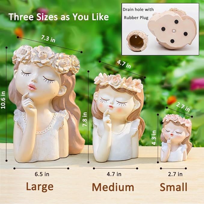 Fairy Girl face planters, Cute Succulent pots for Indoor and Outdoor Plants,Resin Head Planter Pots with Drainage Hole(Medium-Listening)