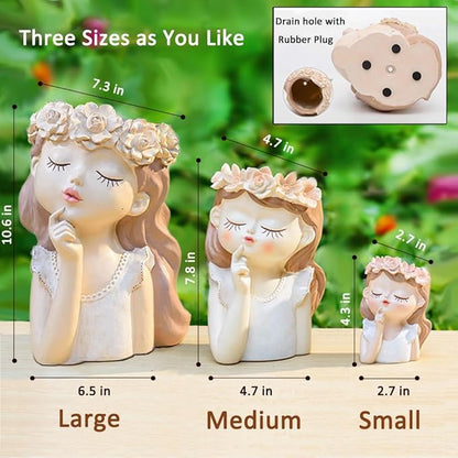 Fairy Girl face planters, Cute Succulent pots for Indoor and Outdoor Plants,Resin Head Planter Pots with Drainage Hole(Medium-Listening)