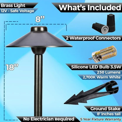 LED Pathway 125 Landscape Light (2 Pack) 12V Solid Brass Low Voltage LED Light G4 3.5W 2700K Bulb Included Outdoor Mushroom Security Garden Patio Deck Pool Area Light for Beautiful Bright Long Lasting
