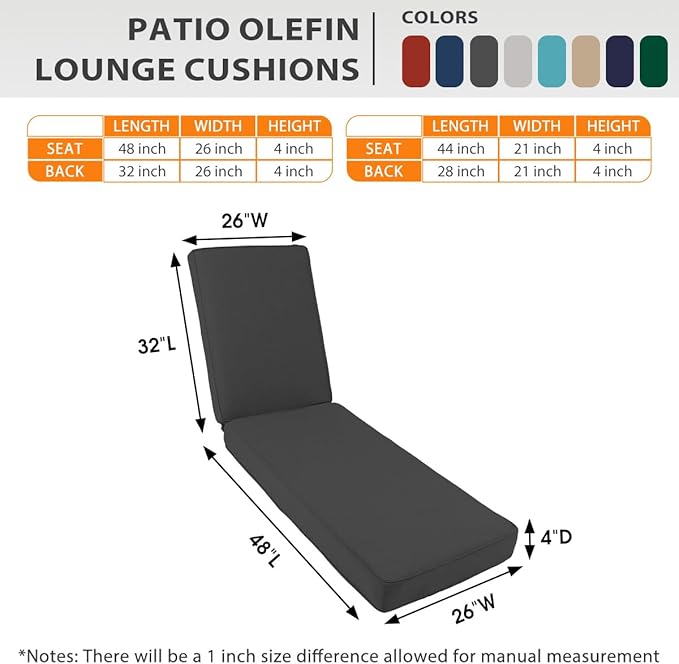 Sundale Outdoor Olefin Chaise Lounge Cushion, Water-Resistant Patio Lounge Chair Cushion, Thick Lounger Pad with 4 Straps Dark Gray, 80 x 26 x 4 Inches