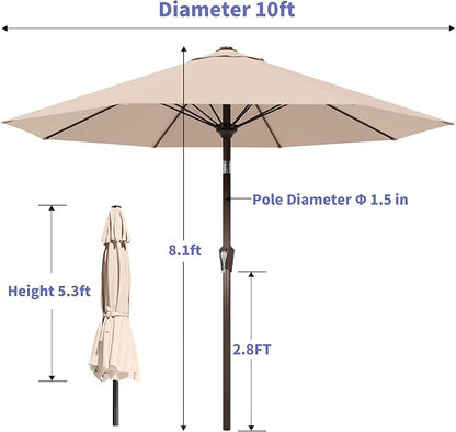 Kingdura 10FT Outdoor Patio Umbrella, Market Table Umbrella with Push Button Tilt and Crank, 8 Sturdy Fiberglass Ribs, UV Protection for Pool, Lawn, Deck, Backyard, Garden (Beige)