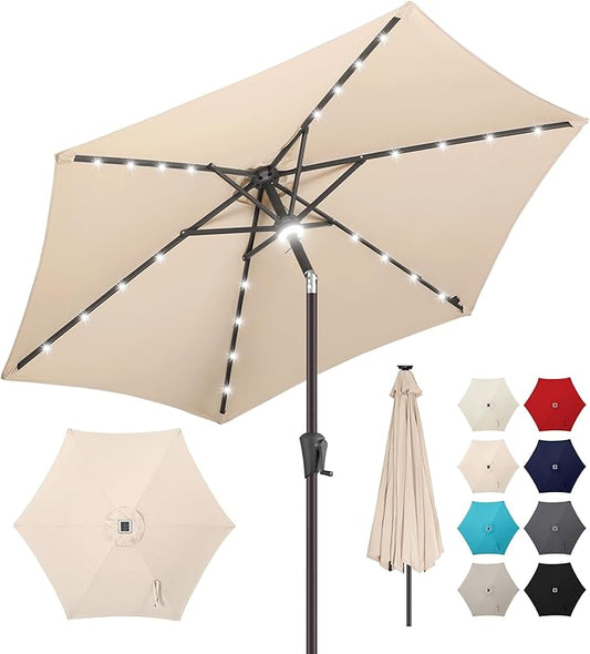 10ft Solar Patio Umbrella - Outdoor Umbrella with Centre Surround Light 24 LED Beads, Market Table Umbrella with Tilt & Crank for Pool, Porch, Garden, Deck, Backyard UV Protection(Beige)