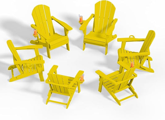 Folding Adirondack Chairs with Cup Holders, Set of 6 HDPE Plastic Outdoor Chairs, Weather Resistant, Real Wood Look, Heavy-Duty Patio Furniture for Deck, Fire Pit, Backyard, Yellow