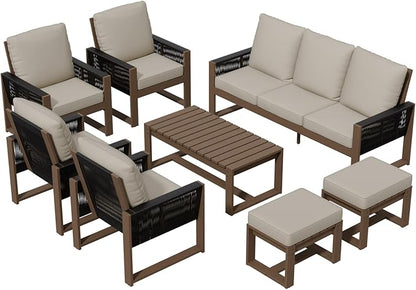 Rustic Hideaway Natural Cedar Wood Outdoor Furniture Set, Wicker Patio Conversation Set for Porch Garden Backyard, Couch, 4 Patio Chairs, Table and 2 Ottomans, 8 Piece, Brownish/Beige