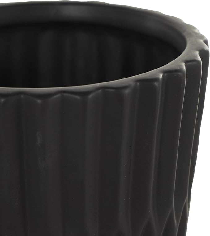 Deco 79 Ceramic Indoor Outdoor Planter Ribbed Large Planter Pot with Attached Saucer, Set of 3 Planters 8",6",5" H, Black