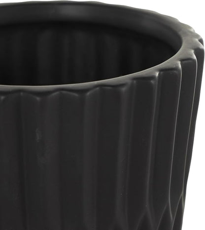 Deco 79 Ceramic Indoor Outdoor Planter Ribbed Large Planter Pot with Attached Saucer, Set of 3 Planters 8",6",5" H, Black