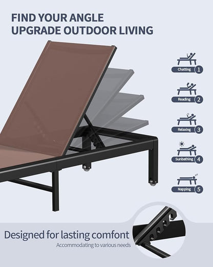 Aluminum Lounge Chairs Outdoor Chaise Furniture,2 Sets Patio Metal Deck Lounger Adjustable 5-Position Poolside Chase Recliner with Wheels for Beach,Coffee Table, (Brown, 1 Chair)