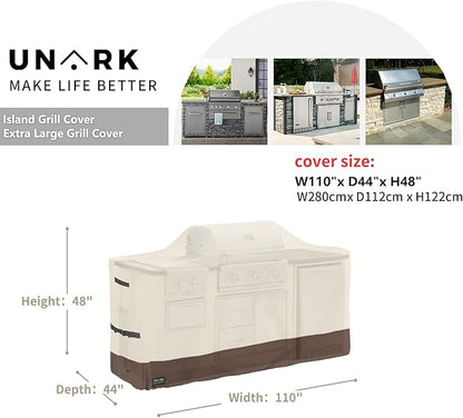 110 Inch Extra Large Grill Cover Kitchen Island Cover Large Island Grill Cover for Outdoor Grill Outdoor Kitchen Cover Heavy Duty Waterproof 110" L x 44" W x 48" H, Beige and Brown