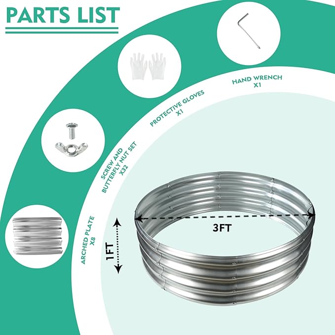 36 Inch Diameter Galvanized Garden Raised Bed/Plant Box/Fire Pit Ring-0.8mm Thick,12 Inch Tall,Crimped Edge and Corner,No Sharpe,Perfect for Plantings (Silver, 36 Dia X 11.5 inches)