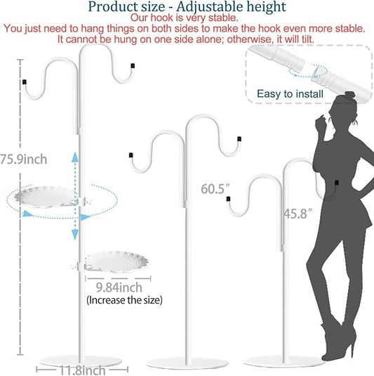 Upgraded 74" Shepherd's Hook Stand Plant，Bird Feeder，White Wind Chime Hanger Stand, Waterproof Metal & Adjustable-Height Standing Pole Holder for Wreath, Indoor & Outdoor（2 Placement Racks