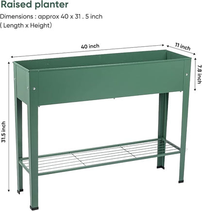 Raised Garden Bed, Elevated Green Metal Plant Box with Legs, Standing Garden Stand with Drainage Holes (40" L x 11" W x 31" H)