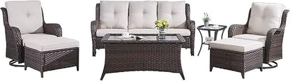 HUMMUH Patio Furniture Set 7 Pieces Wicker Outdoor Sectional Sofa with Swivel Rocker Chairs,Coffee Side Table,Outdoor Ottomans for Patio