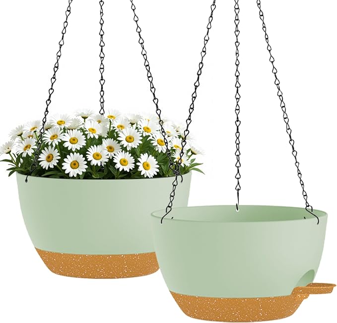10 Inch Hanging Planters with Chains 2 Pack Self Watering Green Brown Plastic Hanging Pots for Indoor Outdoor Plants, Garden Porch Home Decor (Green Brown)