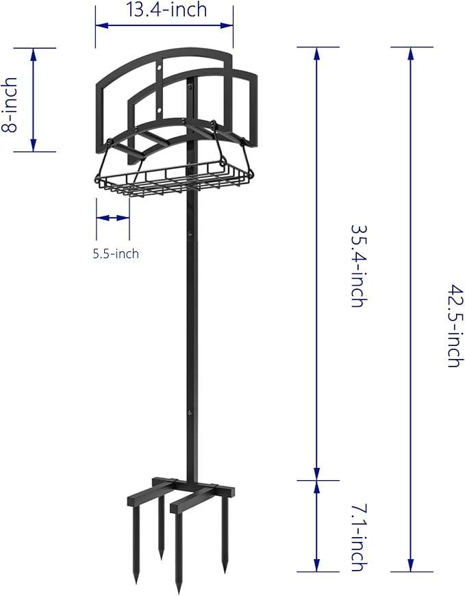 Garden Hose Holder with Storage Basket - Heavy-Duty Freestanding Hose Organizer, Black Powder-Coated, Detachable Design Holds 150FT Hose, Includes Assembly Tools for Lawn, Yard, and Garden