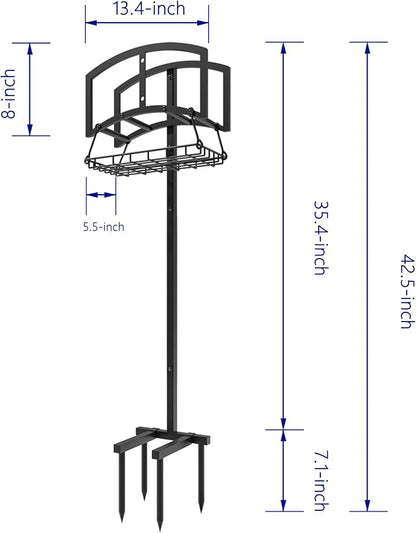 Garden Hose Holder with Storage Basket - Heavy-Duty Freestanding Hose Organizer, Black Powder-Coated, Detachable Design Holds 150FT Hose, Includes Assembly Tools for Lawn, Yard, and Garden