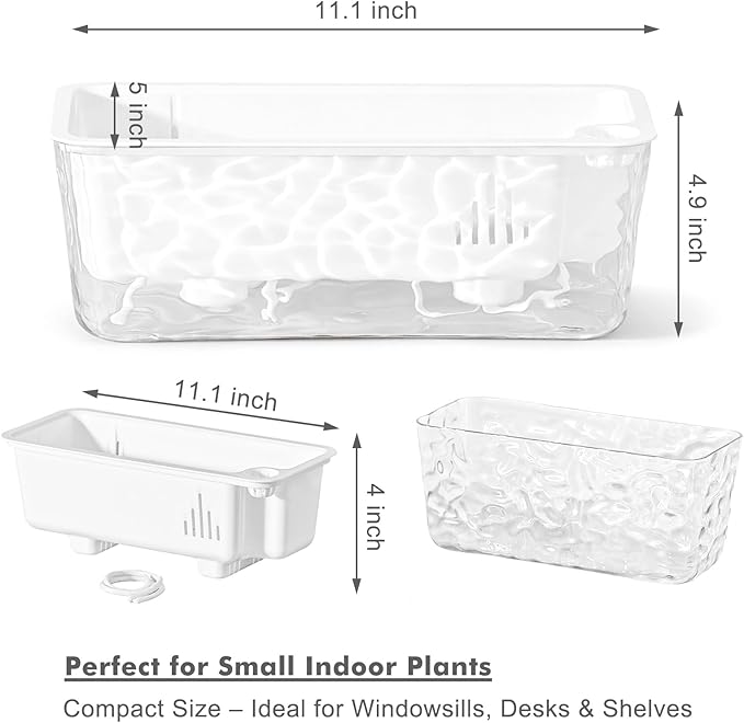 Self Watering Pots for Indoor Plans, 2 Packs Window Boxes Planters Rectangle Self Watering Planter 11 in Rectangular Clear Plant Pots Long Herb Windowsill Planter Flower Box Succulent Planters